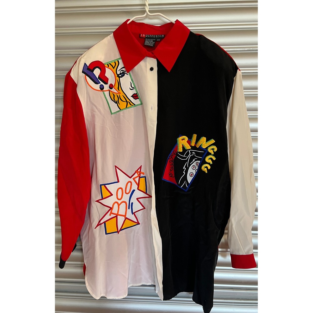 Vintage 1992 IB Diffusion Silk Pop Art Shirt Women 20W Colorblock Comic Graphic